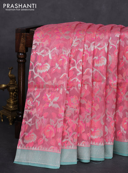 peach pink and teal blue Banarasi kora jamdhani silk saree