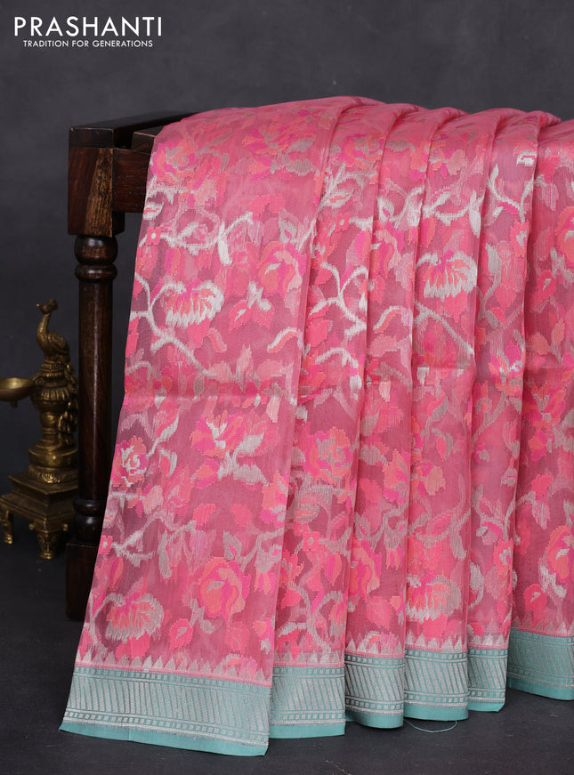 peach pink and teal blue Banarasi kora jamdhani silk saree