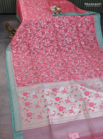 peach pink and teal blue Banarasi kora jamdhani silk saree
