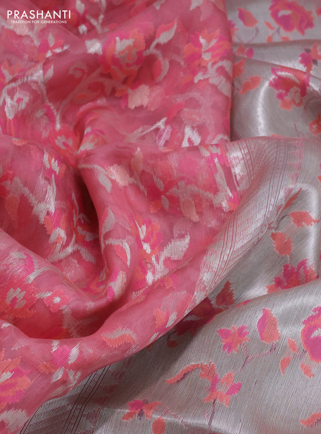 peach pink and teal blue Banarasi kora jamdhani silk saree