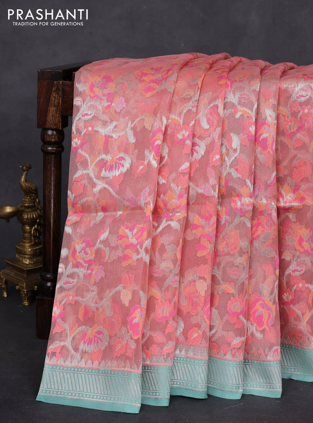 peach orange and teal blue Banarasi kora jamdhani silk saree