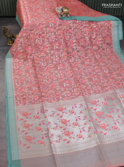 peach orange and teal blue Banarasi kora jamdhani silk saree