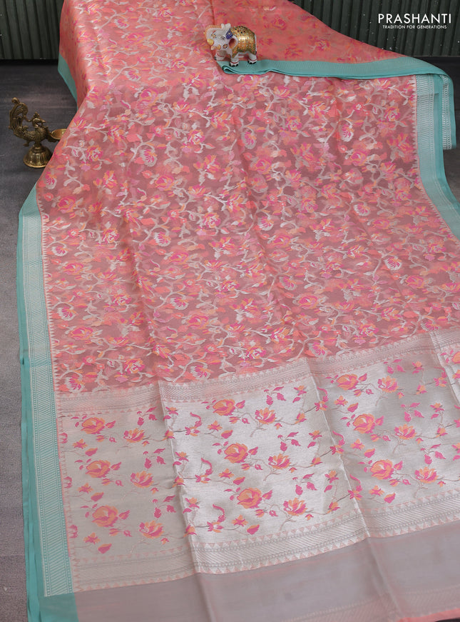 peach orange and teal blue Banarasi kora jamdhani silk saree