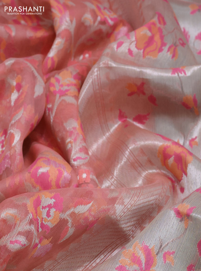 peach orange and teal blue Banarasi kora jamdhani silk saree