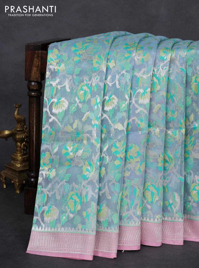pastel blue and pastel pink Banarasi kora jamdhani silk saree