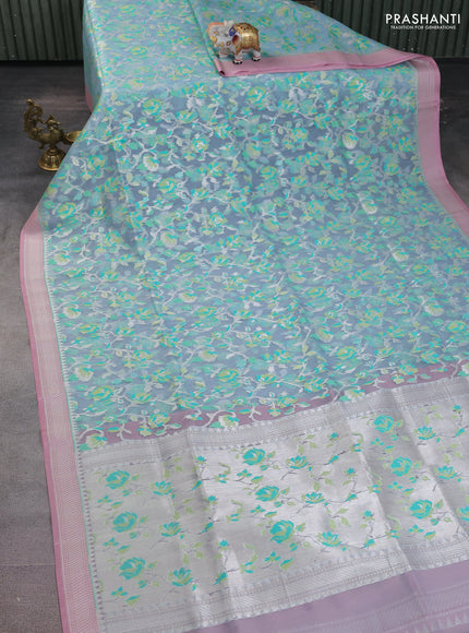pastel blue and pastel pink Banarasi kora jamdhani silk saree
