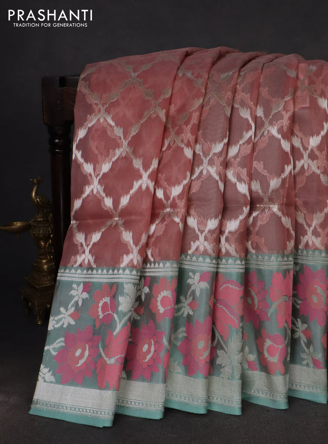 pastel peach and teal blue Banarasi kora jamdhani silk saree