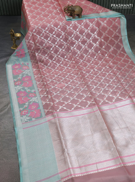 pastel peach and teal blue Banarasi kora jamdhani silk saree