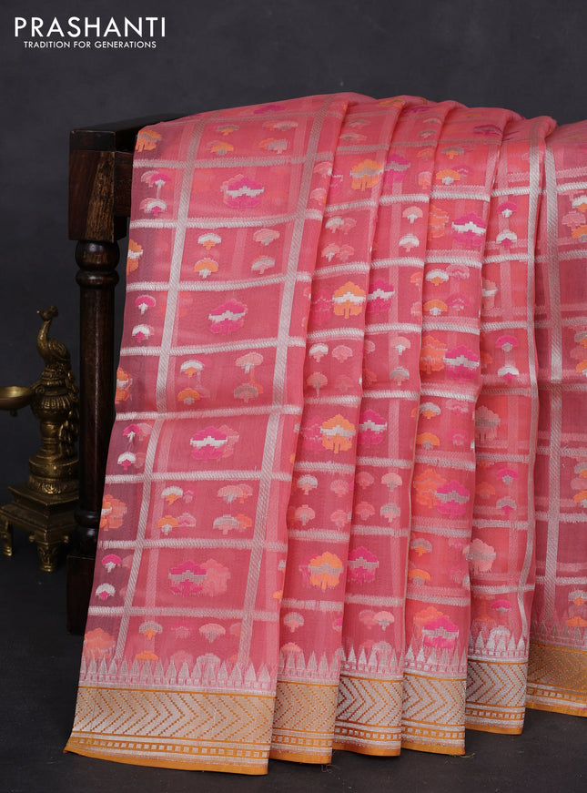 peach pink and mustard yellow Banarasi kora jamdhani silk saree