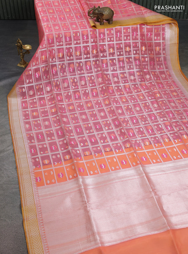 peach pink and mustard yellow Banarasi kora jamdhani silk saree
