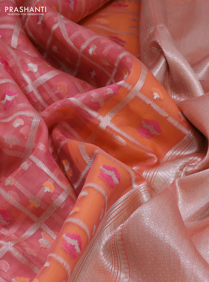 peach pink and mustard yellow Banarasi kora jamdhani silk saree