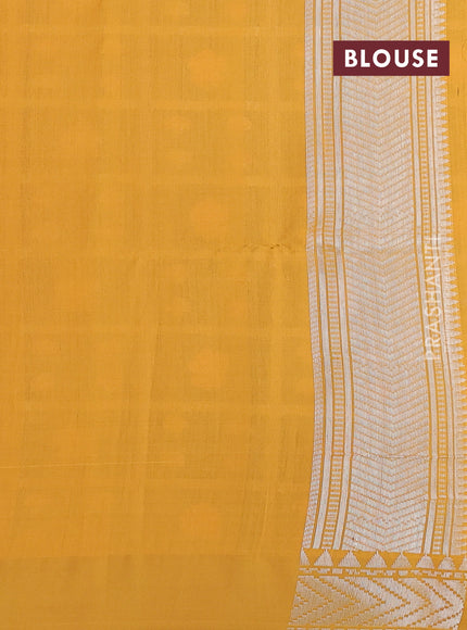 peach pink and mustard yellow Banarasi kora jamdhani silk saree