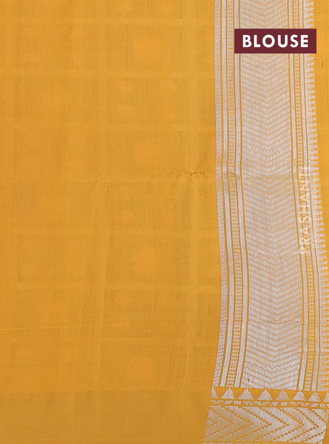 peach pink and mustard yellow Banarasi kora jamdhani silk saree