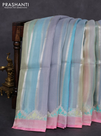 multi colour and peach pink Banarasi kora jamdhani silk saree