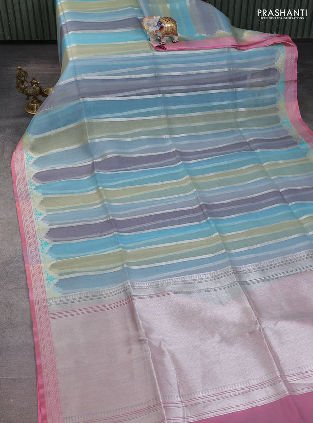 multi colour and peach pink Banarasi kora jamdhani silk saree