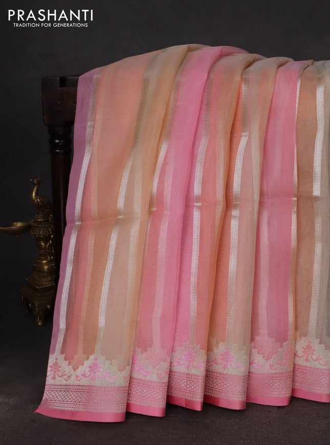 multi colour and peach pink Banarasi kora jamdhani silk saree