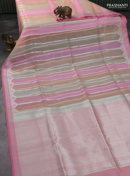 multi colour and peach pink Banarasi kora jamdhani silk saree