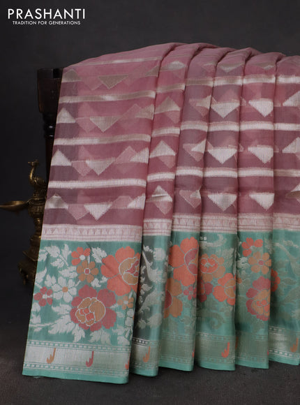 pastel pink and teal blue Banarasi kora jamdhani silk saree