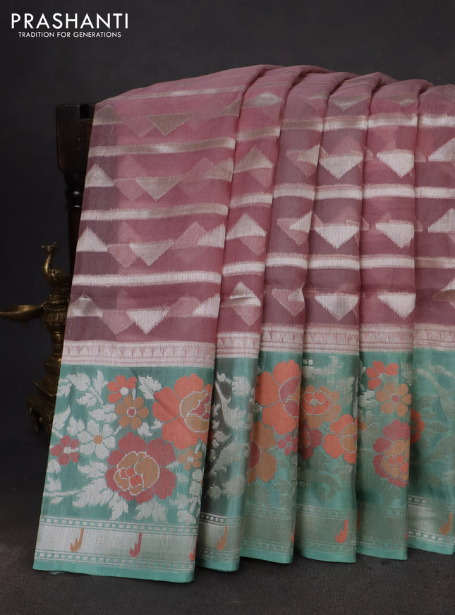 pastel pink and teal blue Banarasi kora jamdhani silk saree