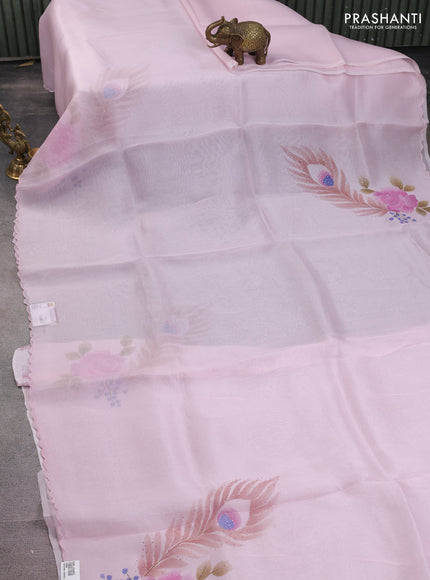 Pure organza silk saree baby pink with floral digital prints & stone work and embroidery scallop border