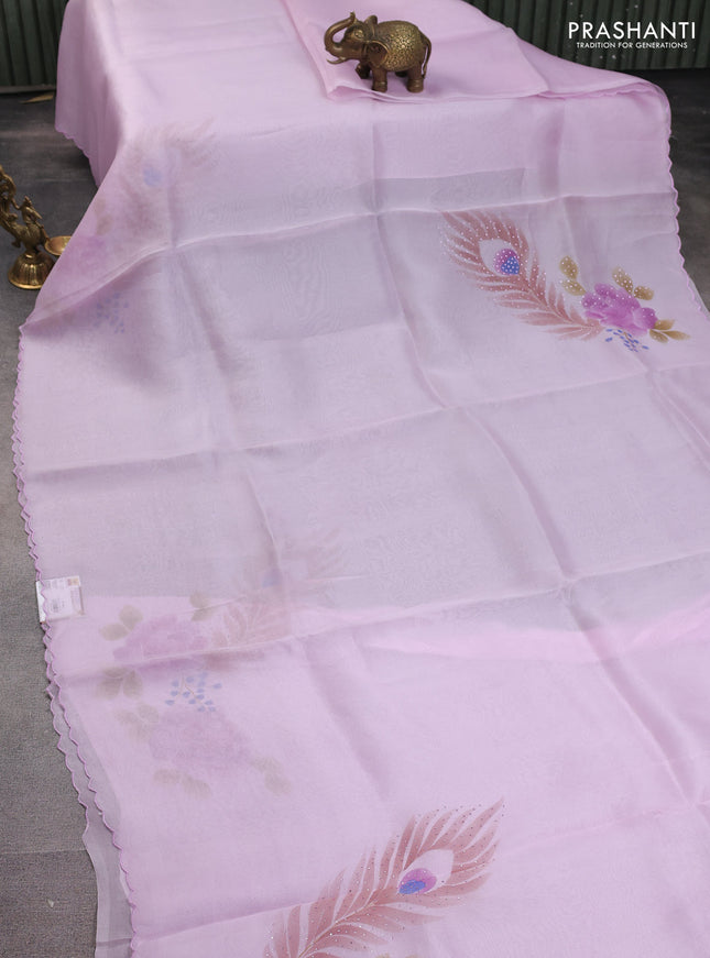 Pure organza silk saree mild lavender with floral digital prints & stone work and embroidery scallop border