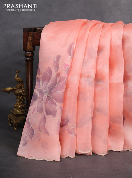Pure organza silk saree peach orange with prints & pita work and embroidery scallop border