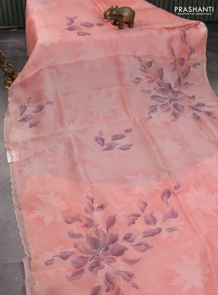 Pure organza silk saree peach orange with prints & pita work and embroidery scallop border