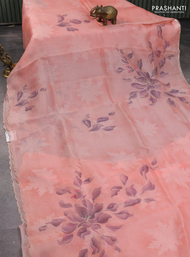 Pure organza silk saree peach orange with prints & pita work and embroidery scallop border