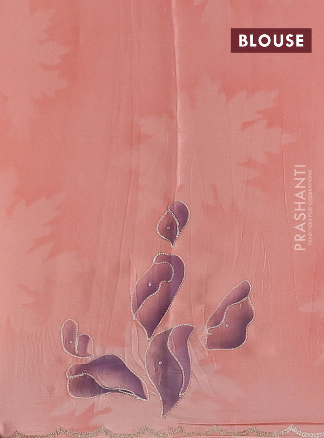 Pure organza silk saree peach orange with prints & pita work and embroidery scallop border