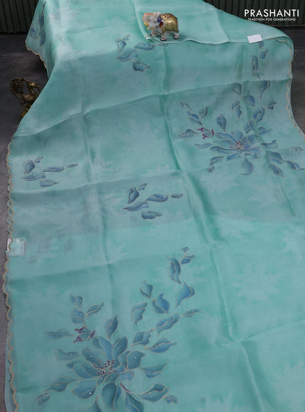 Pure organza silk saree teal blue with prints & pita work and embroidery scallop border