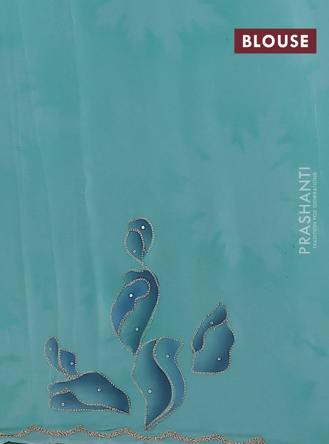 Pure organza silk saree teal blue with prints & pita work and embroidery scallop border