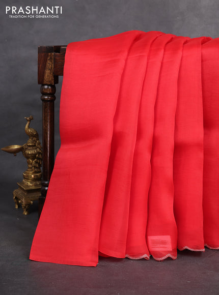 Pure organza silk saree red with floral digital prints & pita work and embroidey scallop border