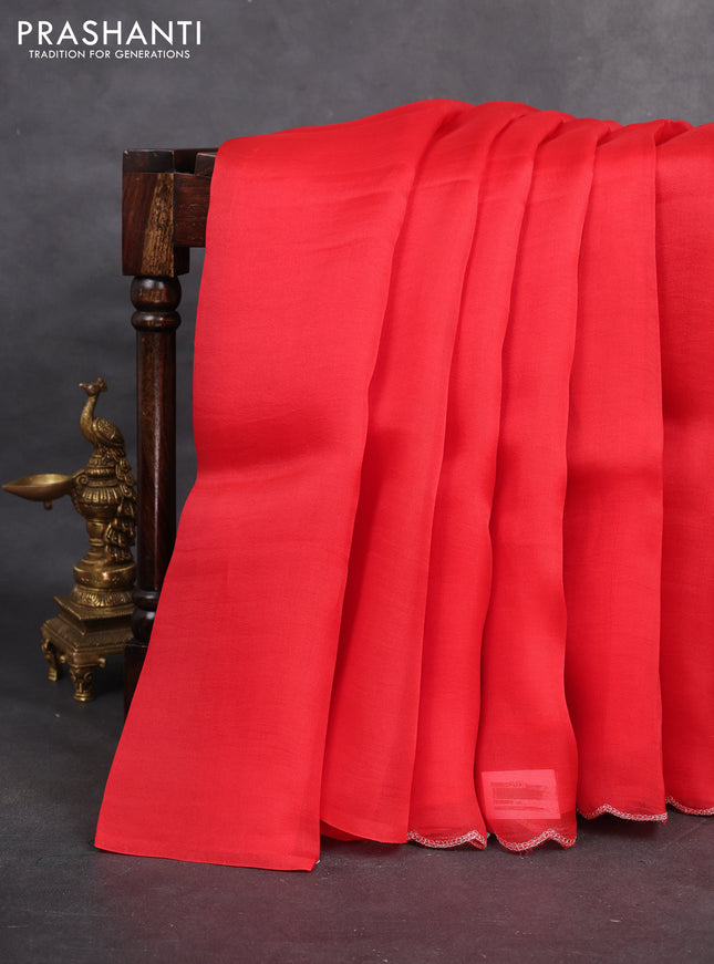 Pure organza silk saree red with floral digital prints & pita work and embroidey scallop border