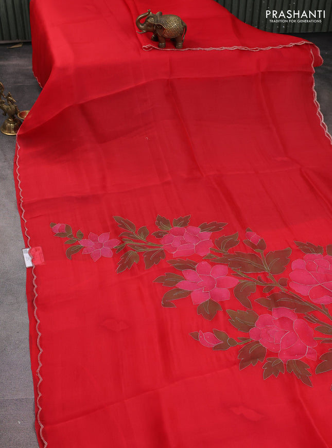 Pure organza silk saree red with floral digital prints & pita work and embroidey scallop border