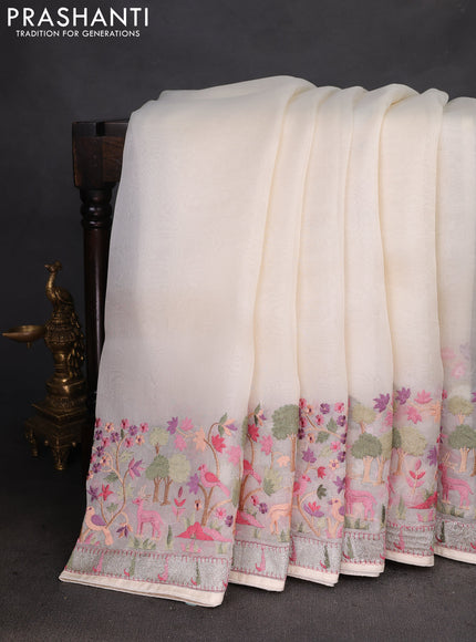 Pure organza silk saree cream with plain body and embroidery border