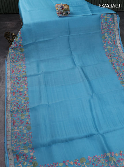 Pure organza silk saree blue with plain body and embroidery border