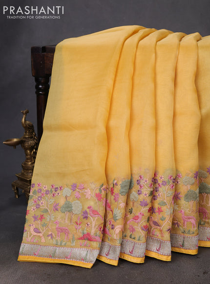 Pure organza silk saree mustard yellow with plain body and embroidery border