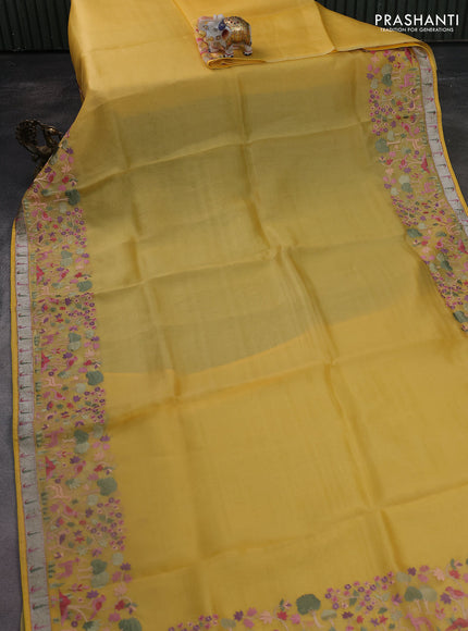 Pure organza silk saree mustard yellow with plain body and embroidery border