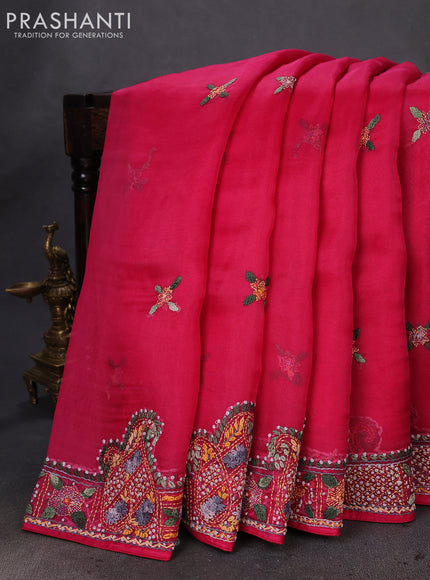 Pure organza silk saree dark pink with kantha stitch work buttas and kantha stitch work border