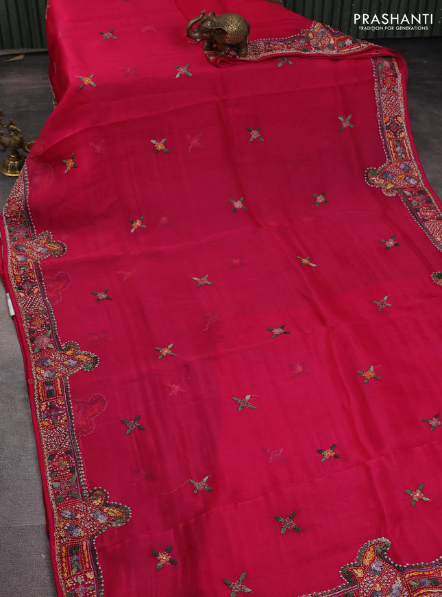 Pure organza silk saree dark pink with kantha stitch work buttas and kantha stitch work border