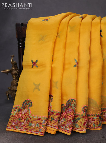 Pure organza silk saree mustard yellow with kantha stitch work buttas and kantha stitch work border
