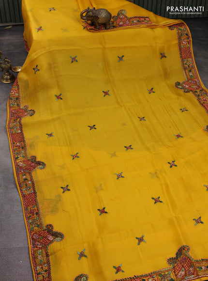 Pure organza silk saree mustard yellow with kantha stitch work buttas and kantha stitch work border