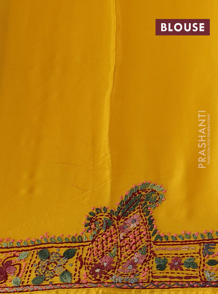 Pure organza silk saree mustard yellow with kantha stitch work buttas and kantha stitch work border
