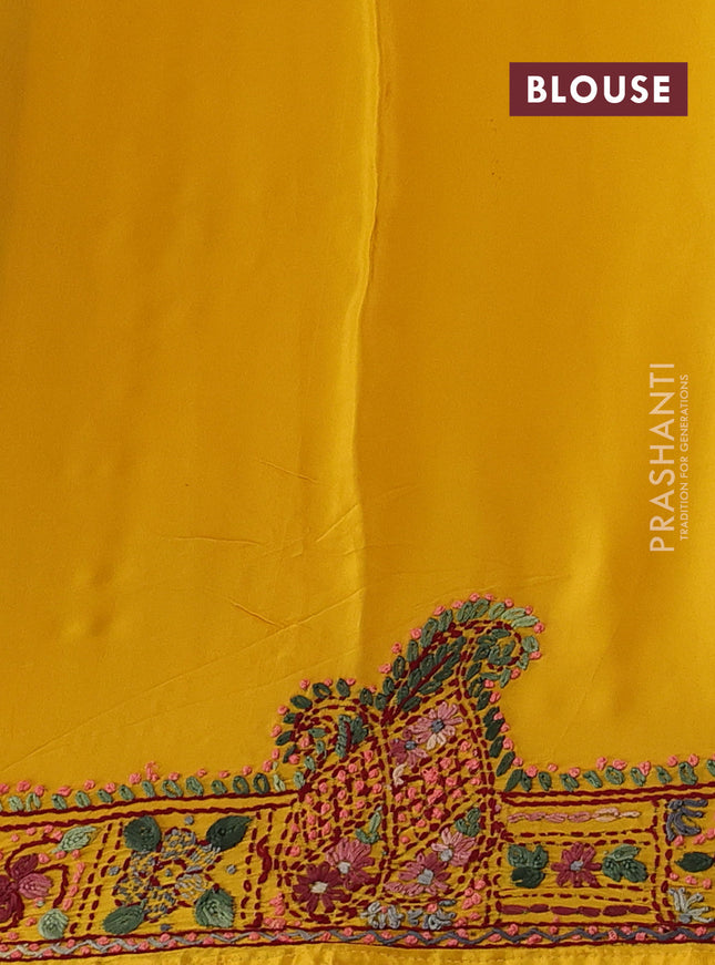 Pure organza silk saree mustard yellow with kantha stitch work buttas and kantha stitch work border
