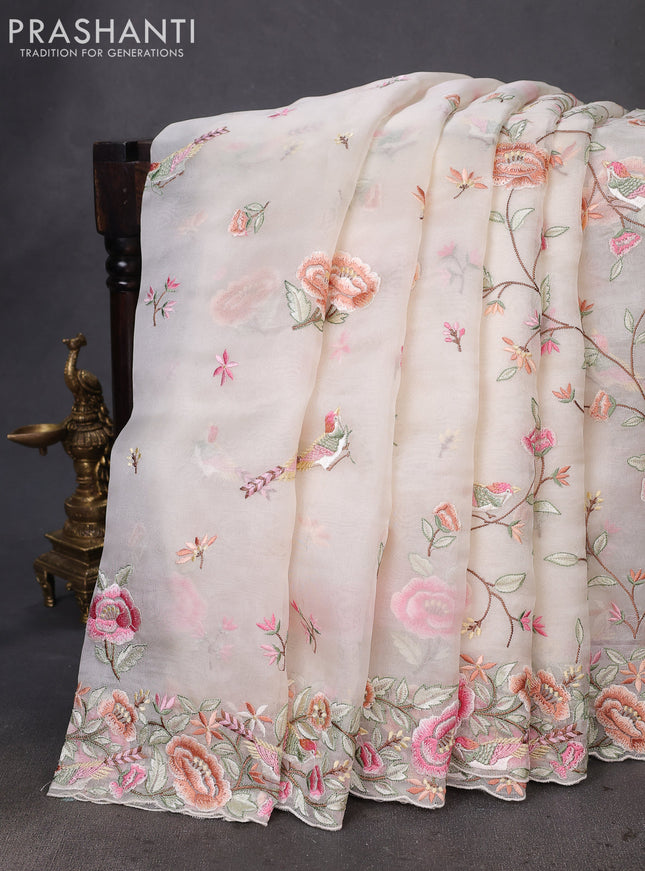 Pure organza silk saree cream with allover convent embroidery and embroidery border