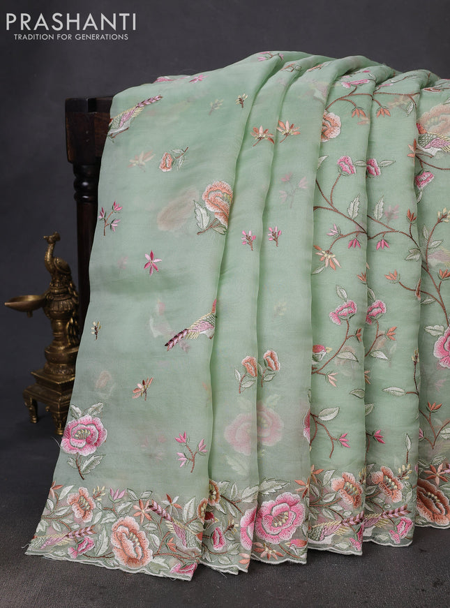 Pure organza silk saree pastel green with allover convent embroidery and embroidery border
