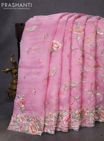 Pure organza silk saree light pink with allover convent embroidery and embroidery border