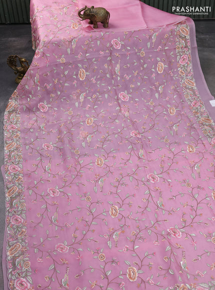 Pure organza silk saree light pink with allover convent embroidery and embroidery border