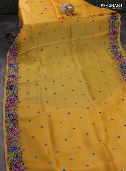 Pure organza silk saree mustard yellow with embroidery buttas and convent embroidery border