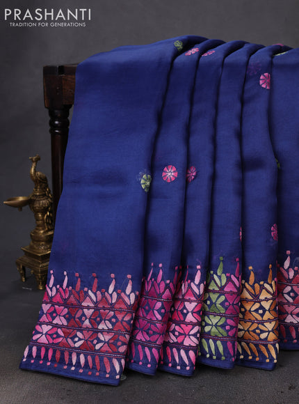 Pure organza silk saree dark blue with kantha stitch work buttas and kantha stitch work border